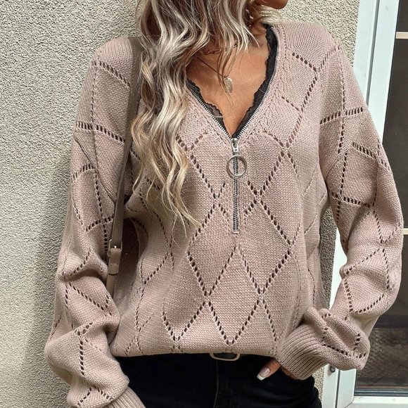 Dusty Pink Boho Womens Lace detailed Sweater - Picture 5 of 5